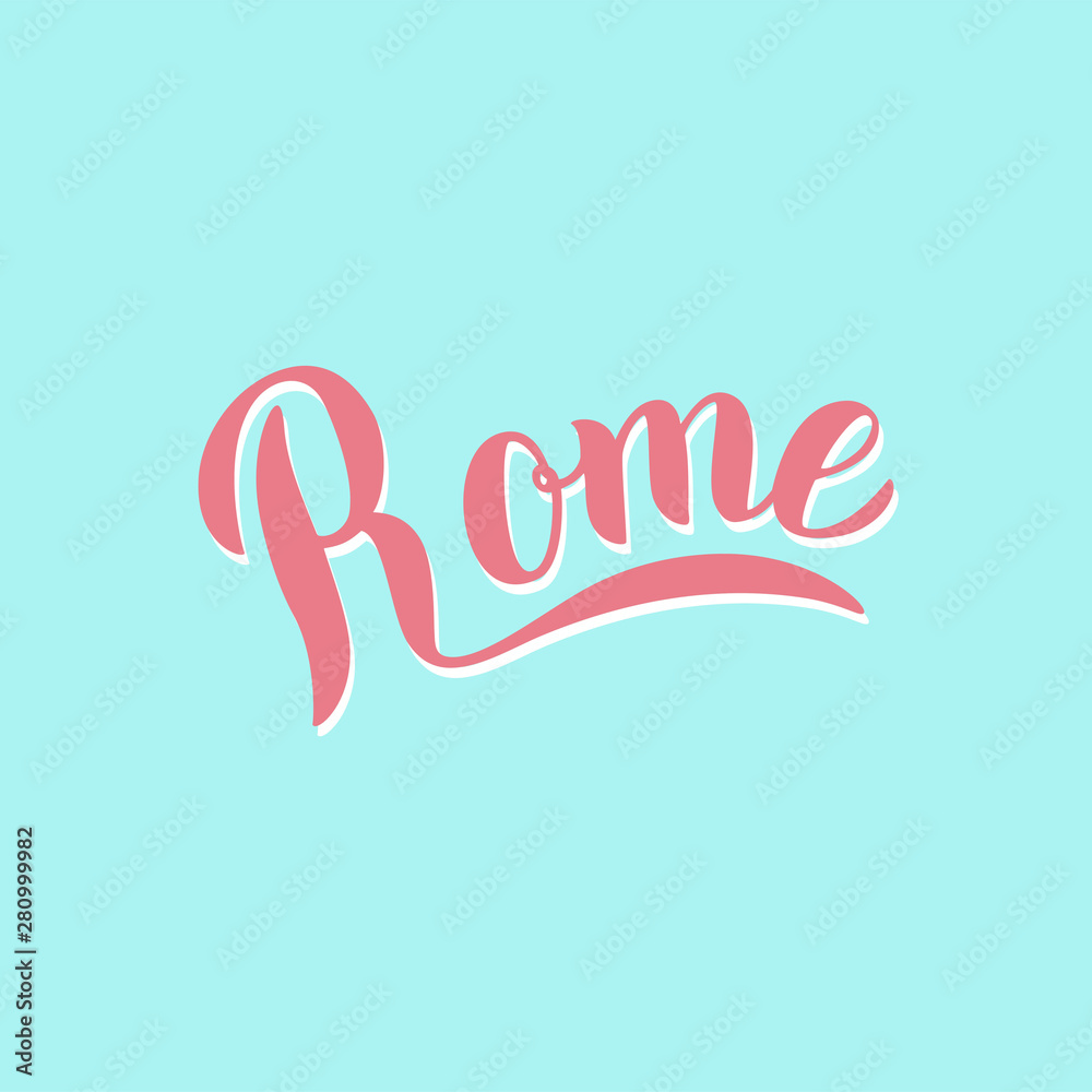 Trendy Rome lettering logo on blue background.Travel agency advertisement design. T-shirt, postcard, souvenir print. Vector eps 10. Trendy Rome lettering logo on blue background.Travel agency advertisement design. T-shirt, postcard, souvenir print. Vector eps 10.