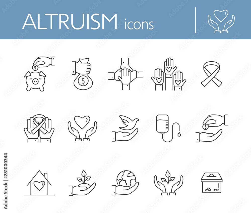 Altruism icons. Line icons collection on white background. Charity, blood donation, charity box. Donation concept. Vector illustration can be used for topics like helping hand, support, funding - obrazy, fototapety, plakaty 