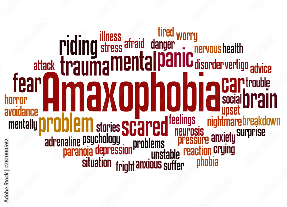 Amaxophobia fear of riding in a car word cloud concept