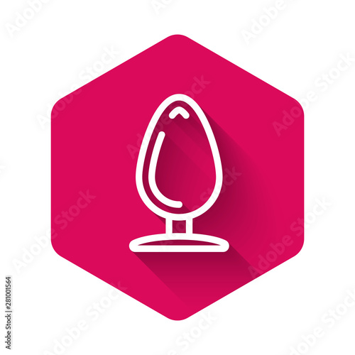 White Anal plug icon isolated with long shadow. Butt plug sign. Fetish accessory. Sex toy for men and woman. Pink hexagon button. Vector Illustration