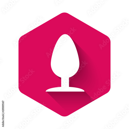 White Anal plug icon isolated with long shadow. Butt plug sign. Fetish accessory. Sex toy for men and woman. Pink hexagon button. Vector Illustration