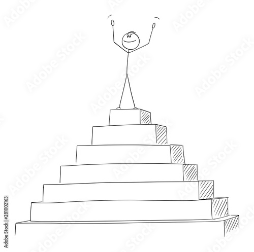 Vector cartoon stick figure drawing conceptual illustration of successful man or businessman celebrating victory on the peak of the pyramid. Business concept of success.