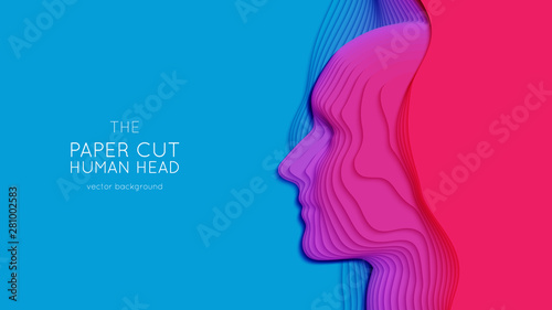 Vector 3D abstract paper cut human head. Colorful carving art. Paper craft head profile with gradient fade colors. Minimalistic design layout for business presentations, flyers, posters.