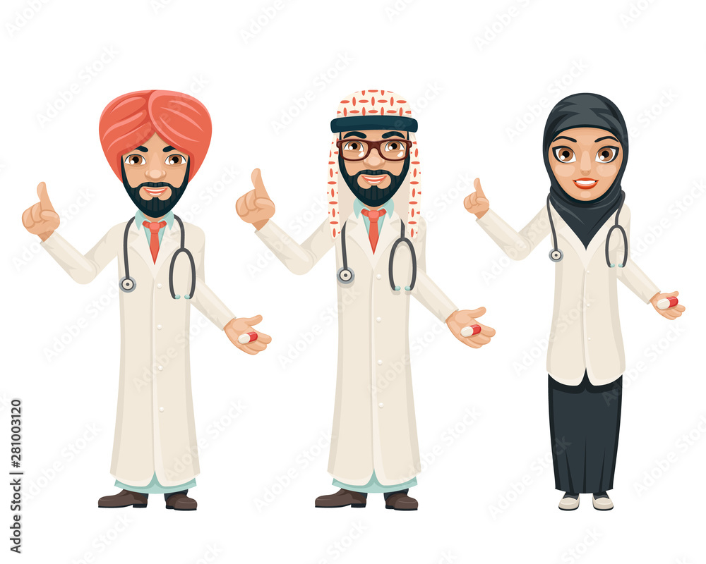 Quality treatment arab traditional national muslim clothes doctor pill  medicine cartoon characters set design vector illustration Stock Vector |  Adobe Stock