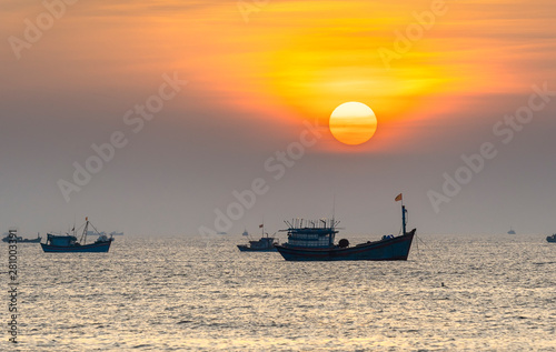 Sea landscape at dawn when fishing boats out to sea to harvest fish to greet the new day