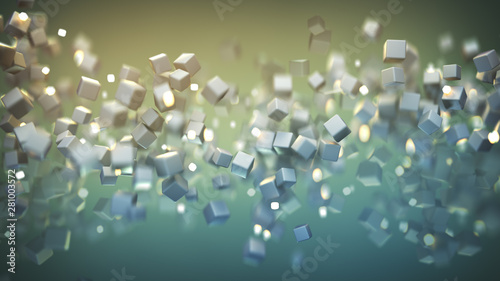Stream of flying cubes 3D rendering illustration