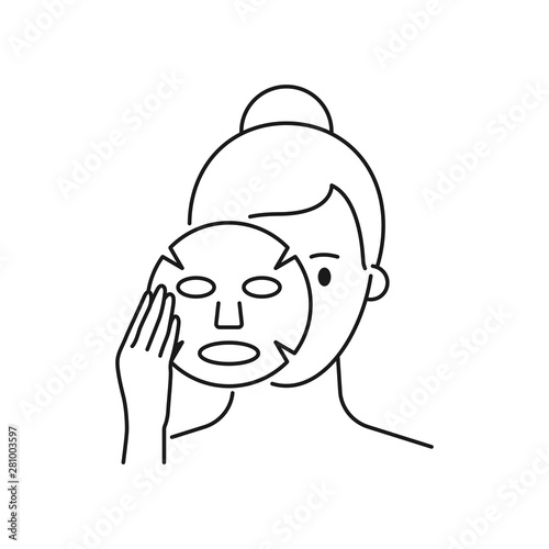 Vector illustration of woman apply facial mask sheet outline style