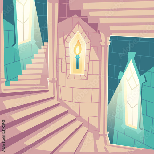 Spiral staircase in castle, upward stairs in palace or tower with arched windows, burning torch in brick wall recess, medieval architecture design, empty building interior, cartoon vector illustration