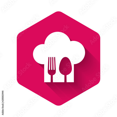 White Chef hat with fork and spoon icon isolated with long shadow. Cooking symbol. Restaurant menu. Cooks hat. Pink hexagon button. Vector Illustration