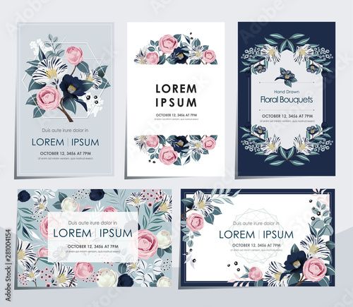 Vector illustration set of hand drawn floral cards for wedding, anniversary, birthday parties. Design for icons, web design, print project for banner, poster, invitation, brochure and scrapbook. 