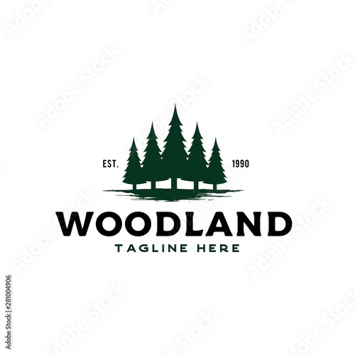 Rustic Retro Vintage Woodland, Evergreen, Pines, Spruce, Cedar trees logo design