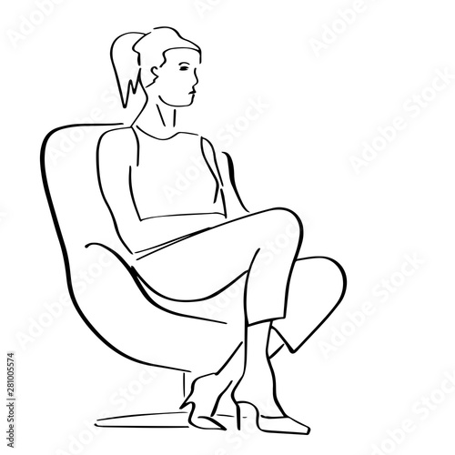 Young woman sitting in armchair in a closed pose. Silhouette of the interviewer, interviewee, correspondent, questioner or TV host. Hand drawn outlines. Black lines drawing. Vector isolated contour.
