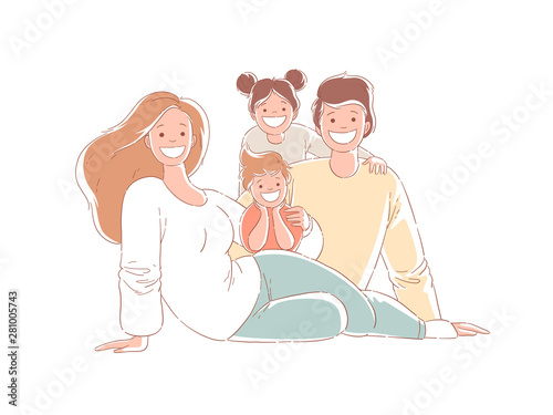 Parents and children are sitting on the floor. A happy family. Hand drawn style vector design illustrations.