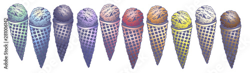 Vector hand drawn set of ice cream flavor cherry, strawberry, orange, lemon, mint, berries, chocolate, vanilla, blue curacao ice cream, blueberry. Drawn in graphic and real-style by lines. Retro