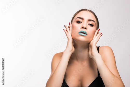 Beauty Woman professional makeup for brunette with blue Lipstick, Smoky Eyes isolated on a white Background.