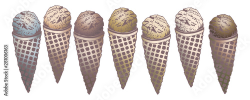 Vector hand drawn set of delicious natural cream ice cream flavor caramel, creme brulee, chocolate, vanilla. Drawn in graphic and real-style by lines. Retro style, good for design, postcard