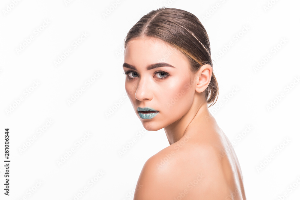 Fototapeta premium Beauty face makeup. Make up. Eyelashes extensions. Perfect Make-up closeup. Foundation. Cosmetic Eyeshadows, eyebrows. Beauty Girl with Perfect Skin. Eyelashes. Makeover