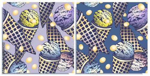 Vector set of seamless patterns with wonderful colorful ice cream, flavor of Blue Curacao, lemon, blueberry. Colorful scattered little chocolates. Hand-drawn in graphic and real-style. Delicious