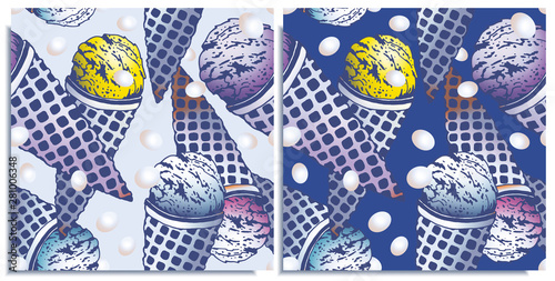 Vector set of seamless patterns with wonderful colorful ice cream, flavor of Blue Curacao, lemon, blueberry. Colorful scattered little chocolates. Hand-drawn in graphic and real-style. Delicious