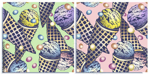 Vector set of seamless patterns with wonderful colorful ice cream, flavor of Blue Curacao, lemon, blueberry. Colorful scattered little chocolates. Hand-drawn in graphic and real-style. Delicious