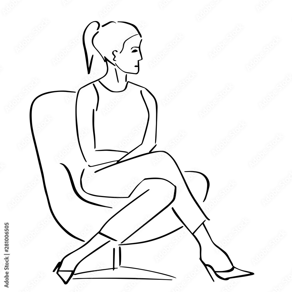 Young woman sitting in armchair in a closed pose. Silhouette of the interviewer, interviewee, correspondent, questioner or TV host. Hand drawn outlines. Black lines drawing. Vector isolated contour. Young woman sitting in armchair in a closed pose. Silhouette of the interviewer, interviewee, correspondent, questioner or TV host. Hand drawn outlines. Black lines drawing. Vector isolated contour.