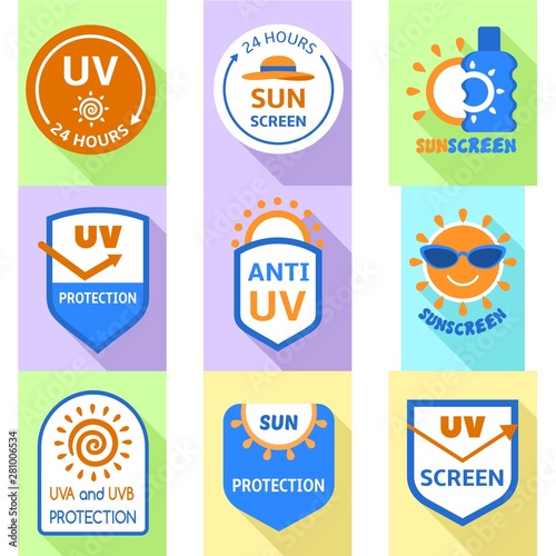 Sunscreen logo set. Flat set of 9 sunscreen vector logo for web design isolated on white background