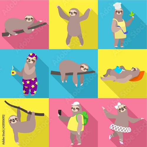 Sloth icon set. Flat set of 9 sloth vector icons for web design isolated on white background