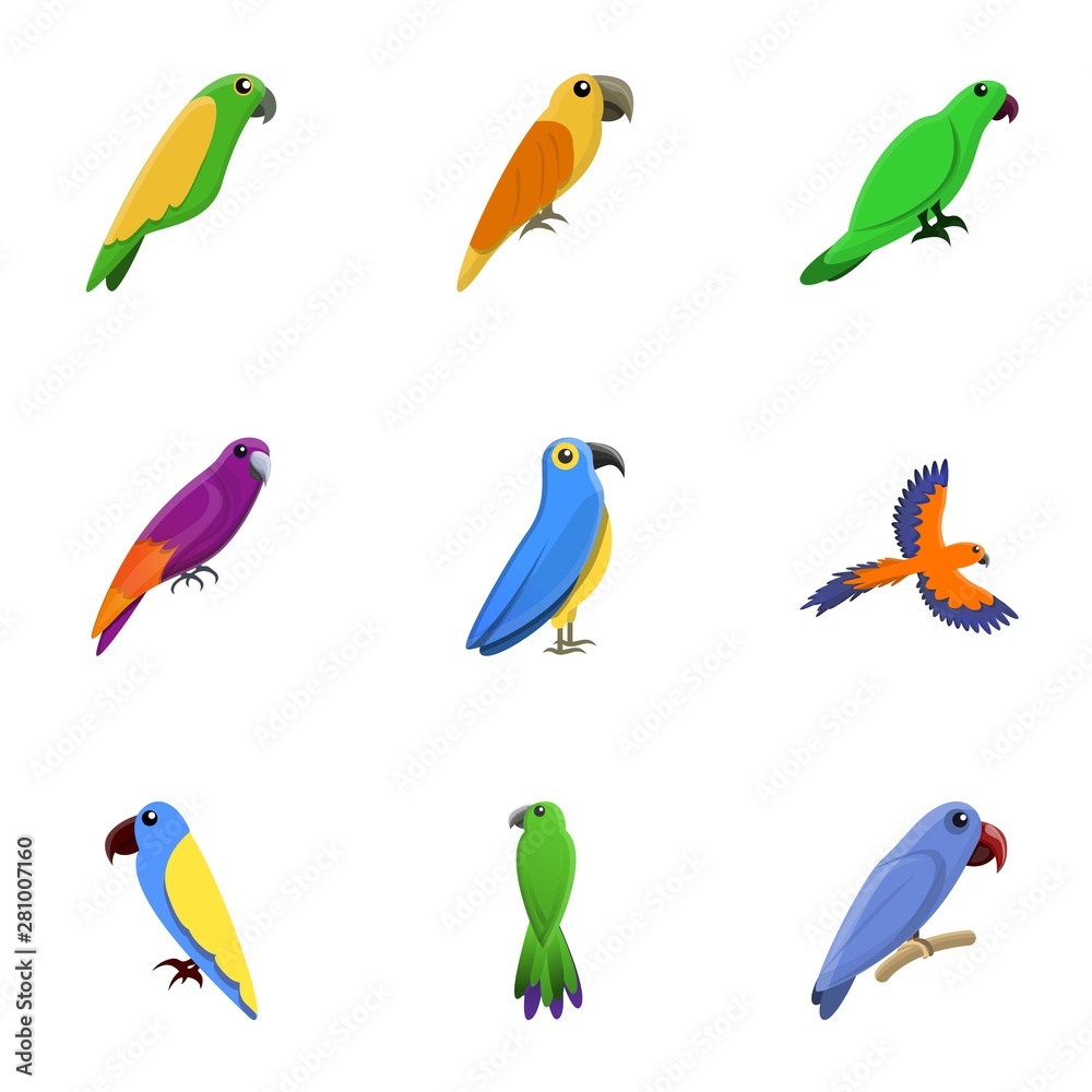 Obraz premium Colorful parrot icon set. Cartoon set of 9 colorful parrot vector icons for web design isolated on white background