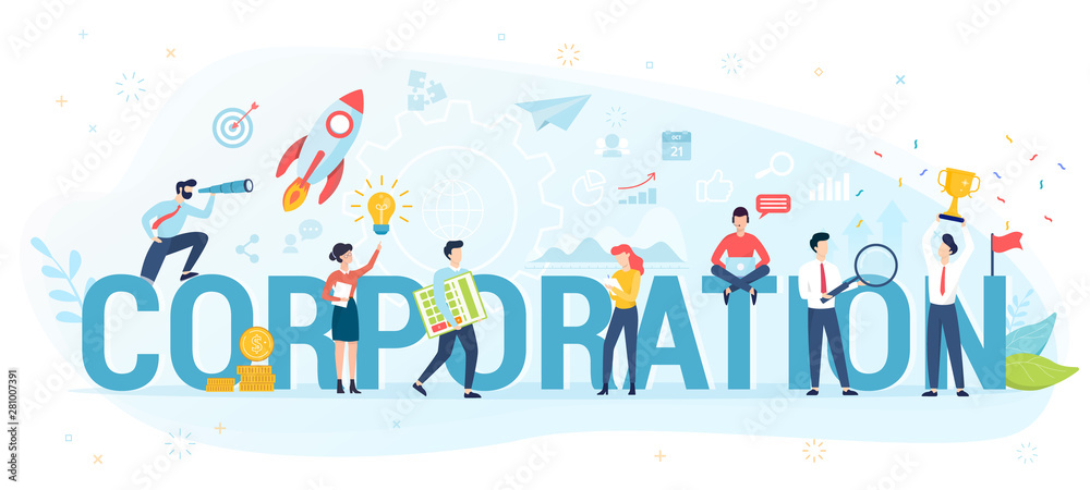 Corporation concept. Group of people gather and work together to get good business results. Idea of communication and cooperation. Isolated flat vector illustration