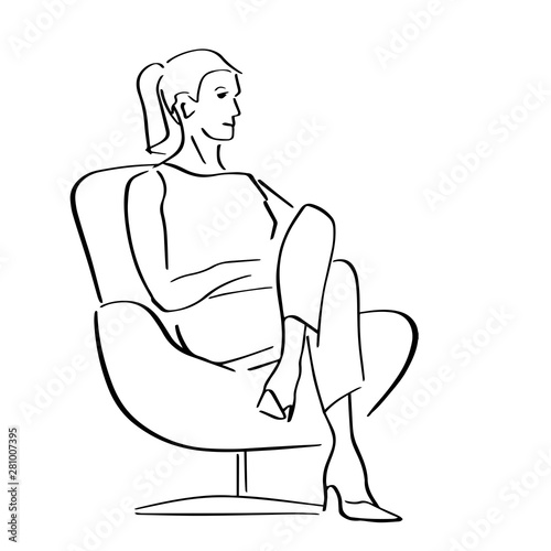 Young woman sitting in armchair in a closed pose. Silhouette of the interviewer, interviewee, correspondent, questioner or TV host. Hand drawn outlines. Black lines drawing. Vector isolated contour.
