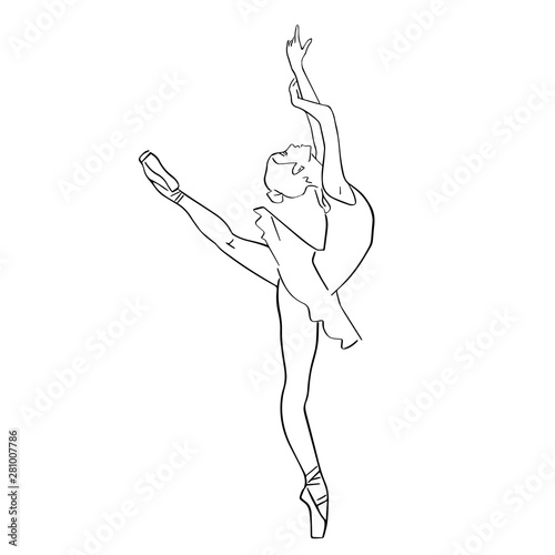 Ballerina in ballet tutu and pointe shoes on her toes. Classical dancer silhouette in elegant pose. Hand drawn outlines. Black lines drawing. Abstract vector isolated contour.