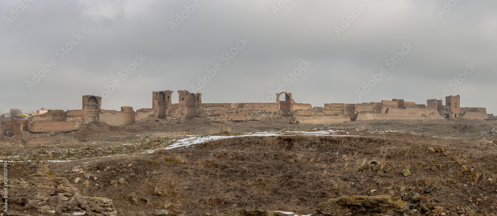 panorama of the ancient walls surrounding the 10th century Armenian capital of Ani in northeastern Turkey