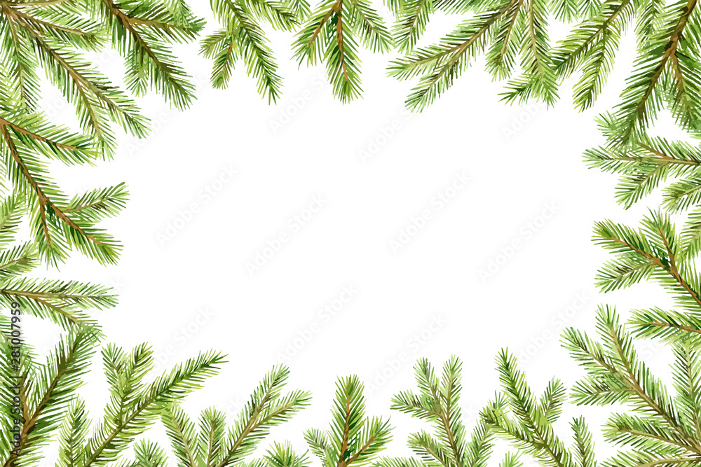 Watercolor vector Christmas banner with fir branches and place for text.