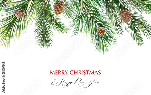 Watercolor vector Christmas banner with fir branches and place for text.