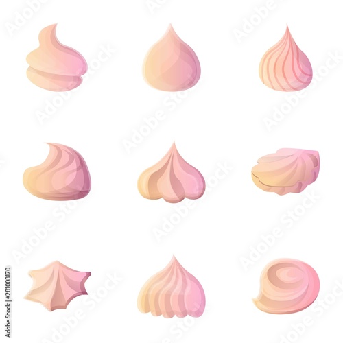 Meringue icon set. Cartoon set of 9 meringue vector icons for web design isolated on white background