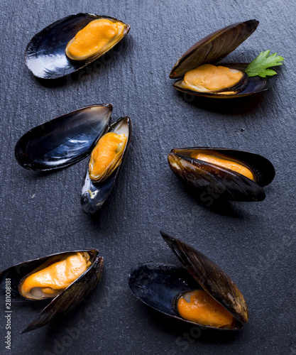 High angle close-up of boiled mussels