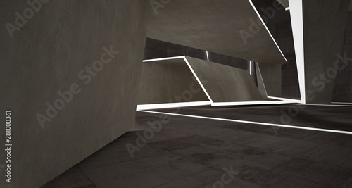 Abstract brown and beige concrete interior with neon lighting. 3D illustration and rendering.