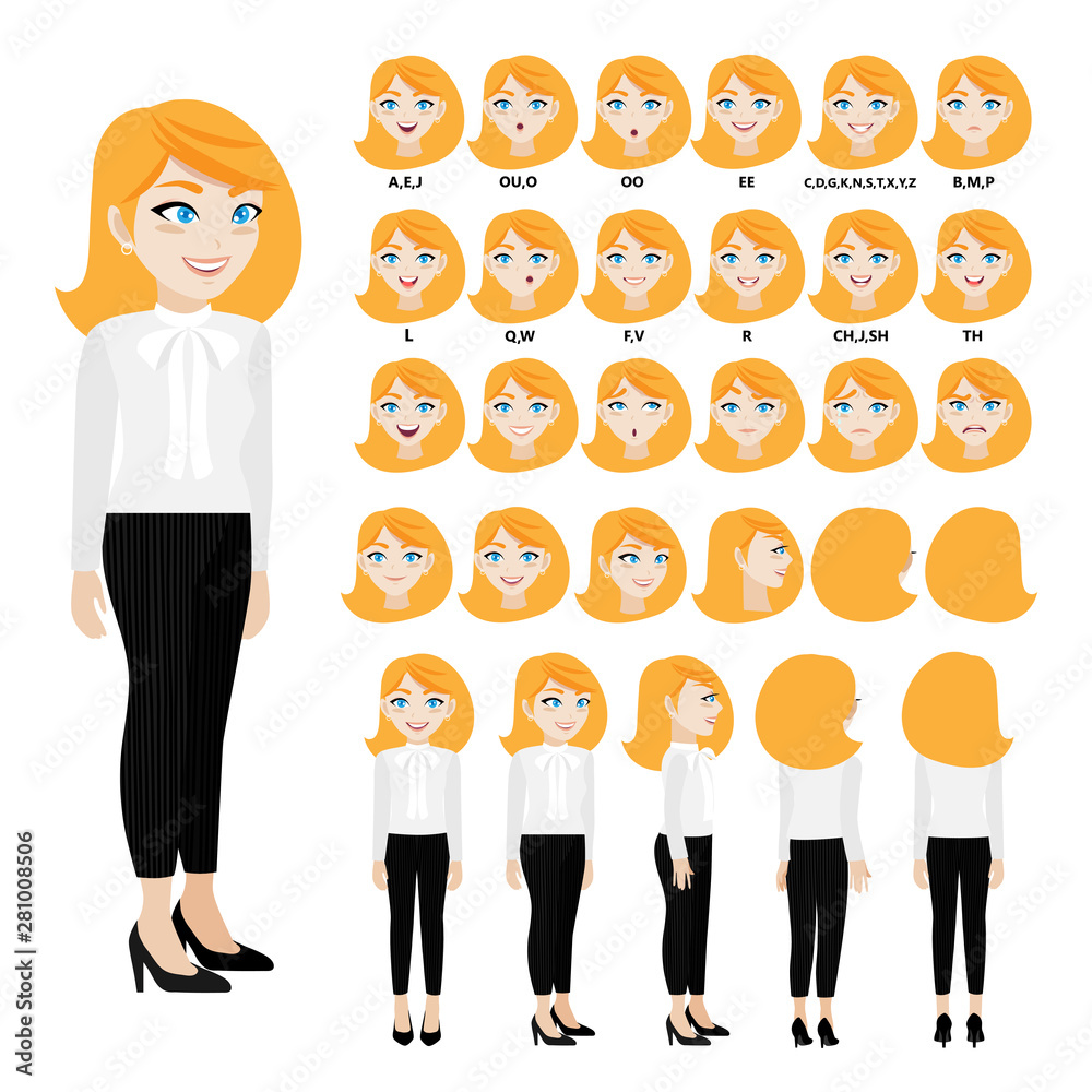Cartoon character with business woman in suit for animation. Front, side,  back, 3-4 view character. Separate parts of body. Flat vector illustration.  Stock Vector | Adobe Stock
