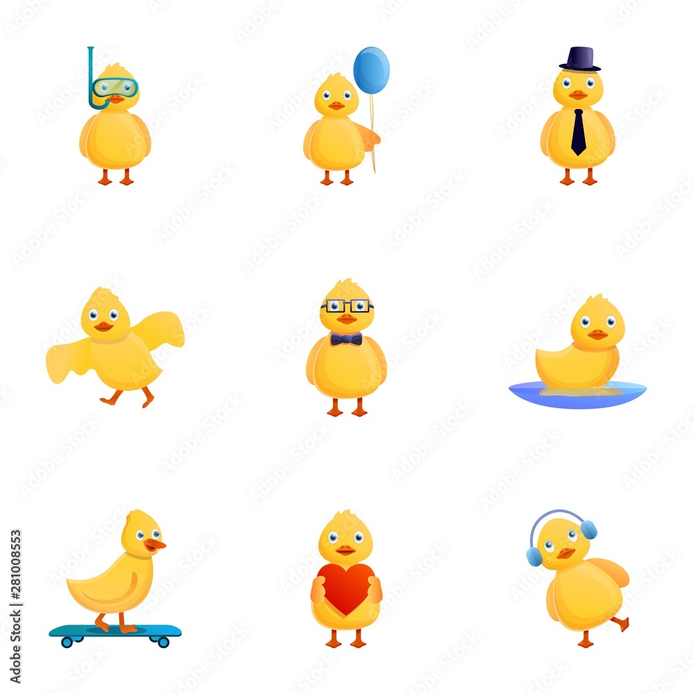 Little yellow duck icon set. Cartoon set of 9 little yellow duck vector icons for web design isolated on white background Little yellow duck icon set. Cartoon set of 9 little yellow duck vector icons for web design isolated on white background