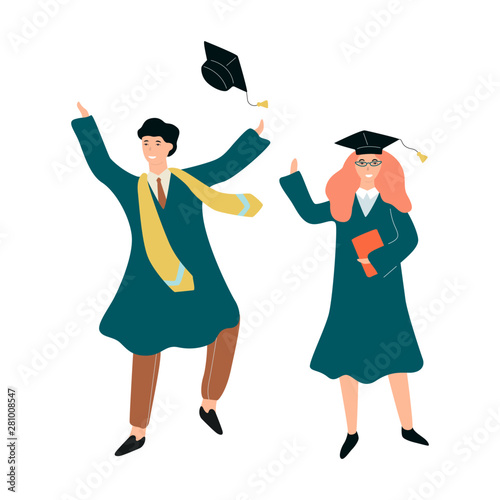 Happy woman and man in graduation gown