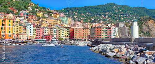 Camogli, panoramic view of the harbor with its colorful houses, Liguria, Italy