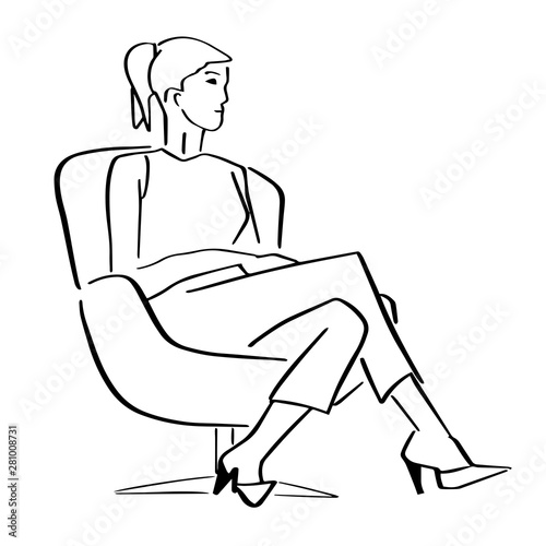 Young woman sitting in armchair in a closed pose. Silhouette of the interviewer, interviewee, correspondent, questioner or TV host. Hand drawn outlines. Black lines drawing. Abstract isolated contour.