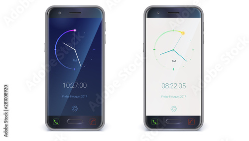 Smartphone, mobile phone isolated on white background. Clock application for apps on light and dark background. Digital countdown app, user interface kit, mobile clock. Vector 3d illustration.