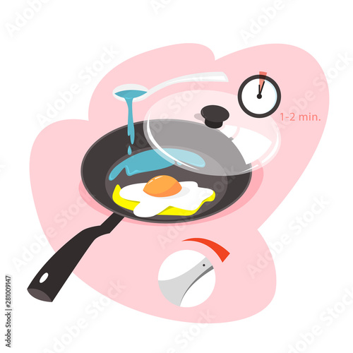 Cooking fried eggs for breakfast. Morning tasty meal