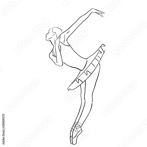 Ballerina in ballet tutu and pointe shoes on her toes. Classical dancer silhouette in elegant pose. Hand drawn outlines. Black lines drawing. Abstract vector isolated contour.