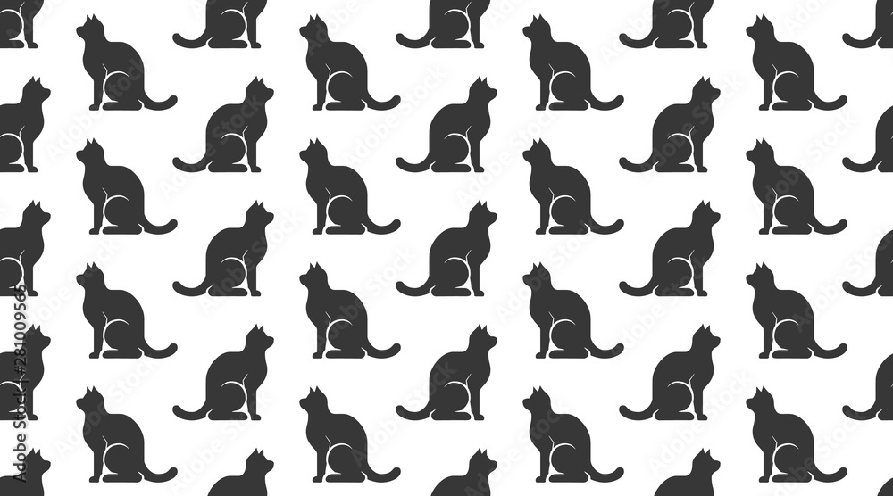 Cats vector seamless pattern with flat icons. Black sitting kitten silhouette on white color background, animal wallpaper for veterinary clinic, pet shop Cats vector seamless pattern with flat icons. Black sitting kitten silhouette on white color background, animal wallpaper for veterinary clinic, pet shop