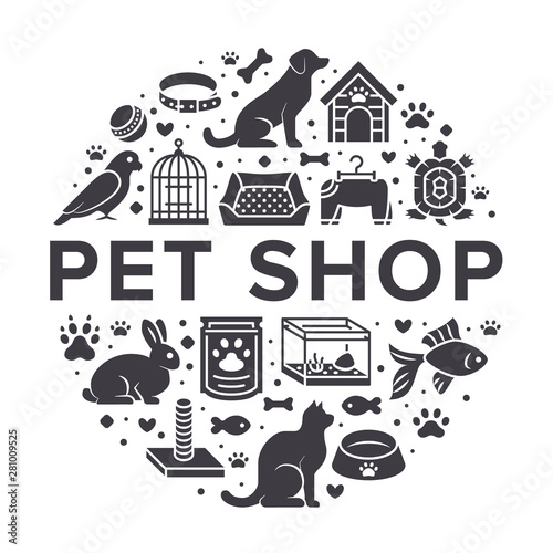 Pet shop vector circle banner with flat silhouette icons. Dog house, cat food, bird, rabbit, fish, animal paw, bowl illustrations. Signs for veterinary poster isolated on white background