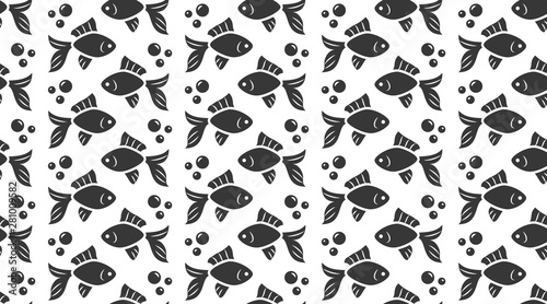 Nautical vector seamless pattern with flat icons of fish school, bubbles. Black goldfish silhouette on white color background, animal wallpaper