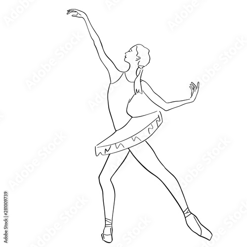 Ballerina in ballet tutu and pointe shoes on her toes. Classical dancer silhouette in elegant pose. Hand drawn outlines. Black lines drawing. Abstract vector isolated contour.