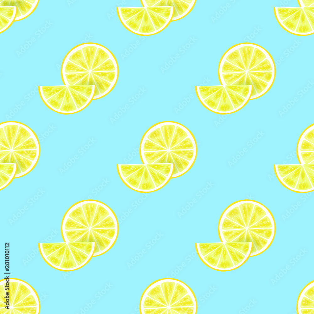 Ripe juicy tropical lemon background. Vector card illustration. Closely spaced fresh citrus yellow lemon fruit peeled, piece of half, slice. Seamless pattern for packaging design healthy food diet